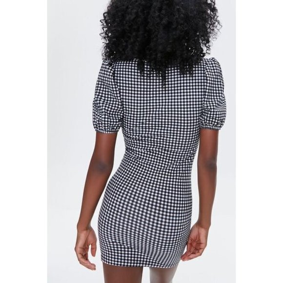 Forever 21 Dress Black White Gingham Ruched Mini Short Sleeve VNeck - Picture 2 of 12